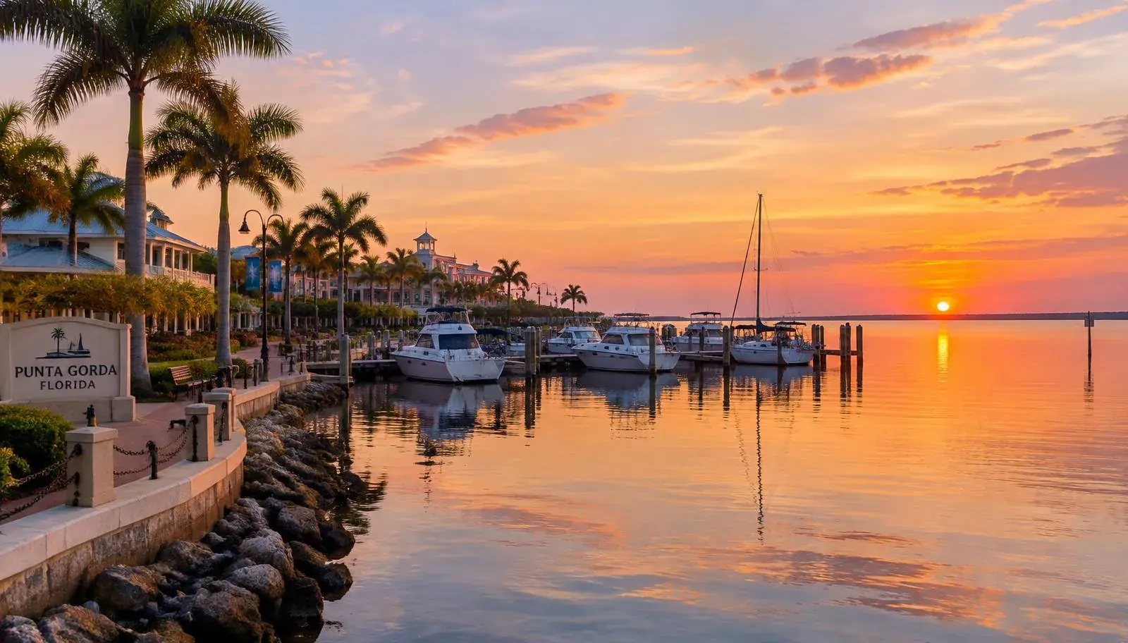 Boats docked along the Charlotte Harbor waterfront at sunset in Punta Gorda Florida
