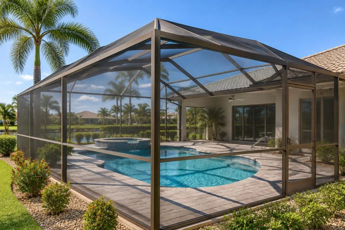 Bronze aluminum screen enclosure around a pool and spa beside a Florida home